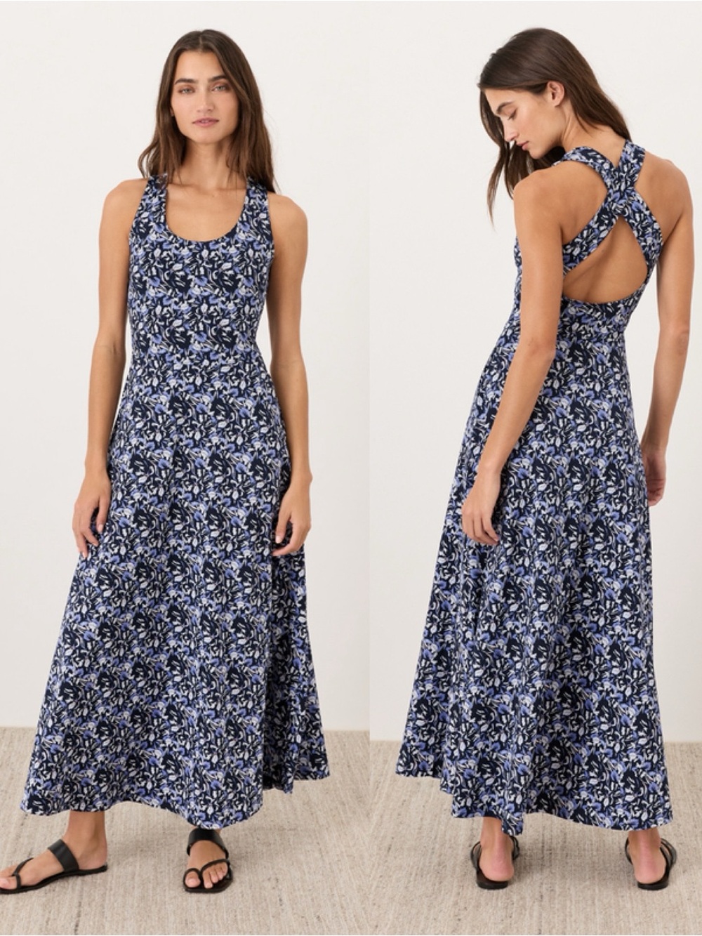 Pact Organic Fit & Flare Open Back Maxi Dress in Paradise Petals Navy Blue